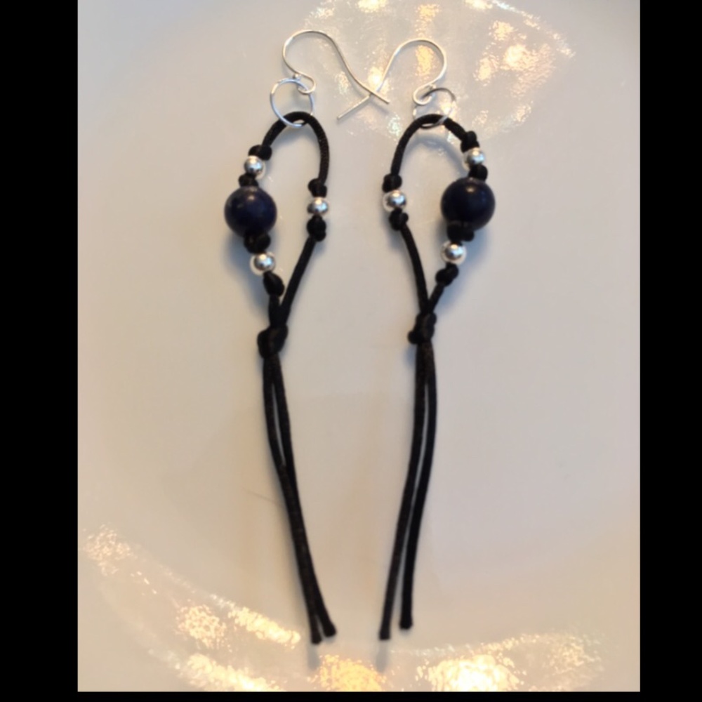 HAND CRAFTED Blue Lapis Beads and Sterling Beads Black Satin Sterling Earrings - Picture 6 of 6